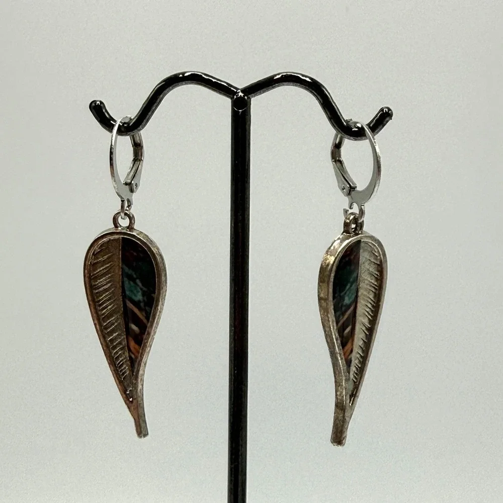 Silver Tone Leaf Drop Earrings Multi Color Inlay Leverback Bohemian Nature Style